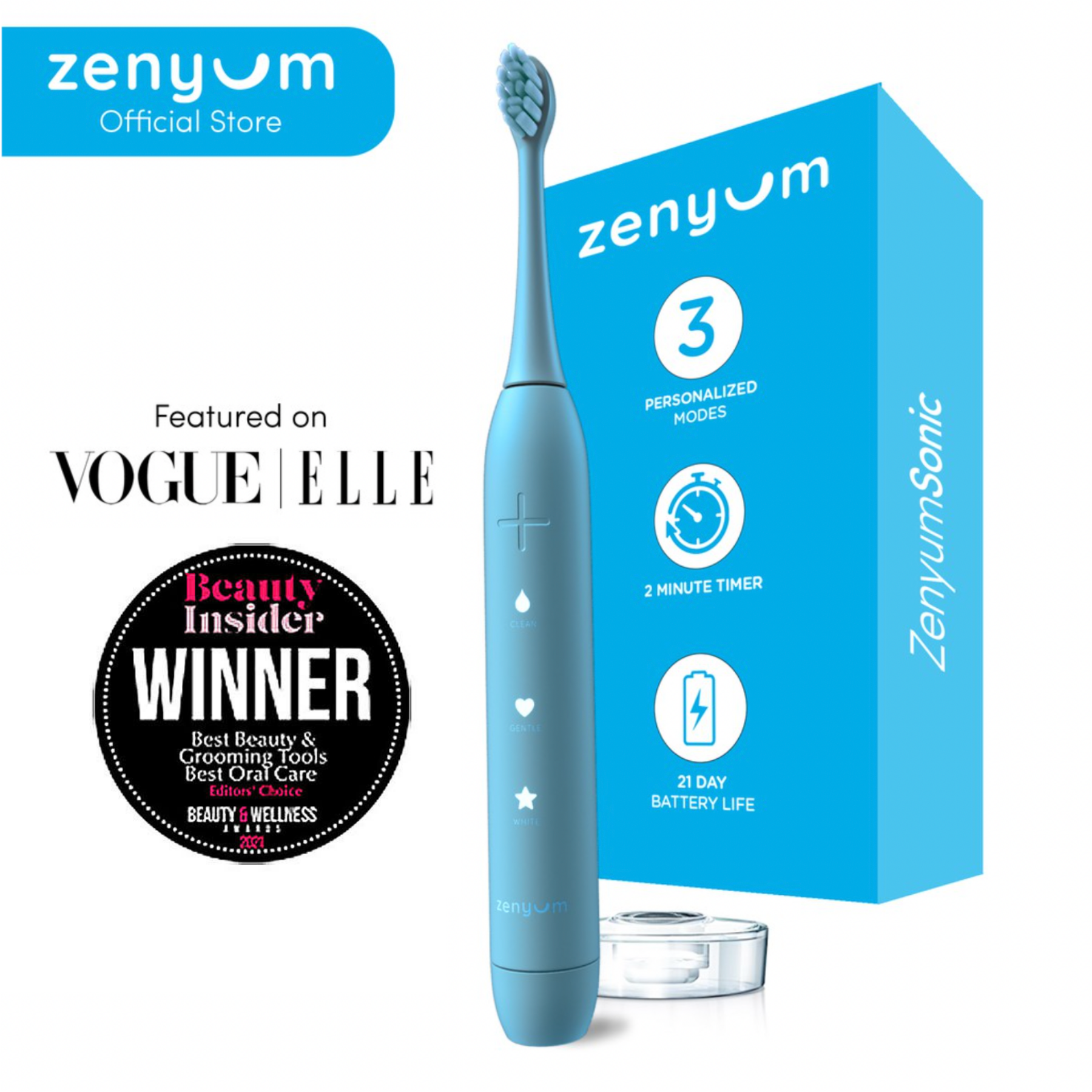ZenyumSonic Electric Toothbrush - Matte Black/White/Pink (Designed in Singapore/ 33,000 Sonic Vibrations/ 2-Minute Quad Interval Timer/ 3 Modes: Whitening, Gentle & Deep Cleaning/ Good for Braces & Te