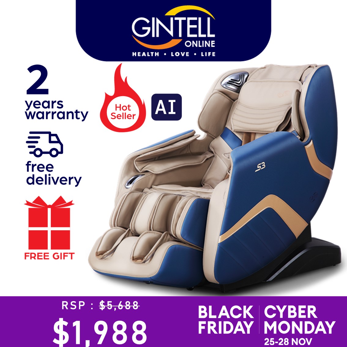 【BEST SELLER】GINTELL S3 SuperChAiR Massage Chair FREE DELIVERY + 2 YEARS WARRANTY