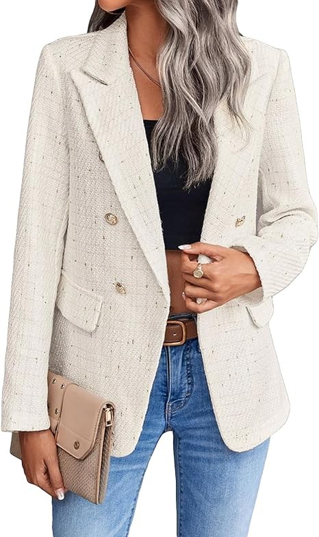 Womens Casual Blazer 2024 Spring Open Front Business Work Tweed Plaid Jacket Suit Pocket (S-XXL)