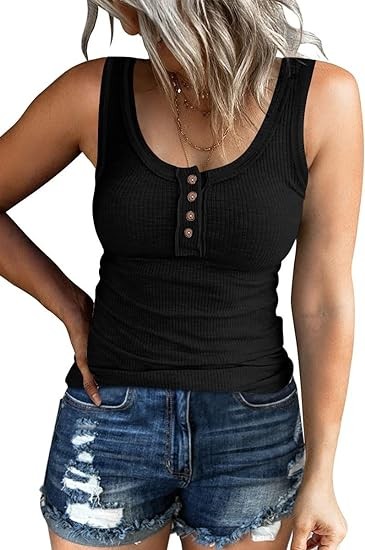 Kissfix Women Tank Tops Summer Casual Ribbed Sleeveless Basic Cami Top Slim Henley Button Down Blouses