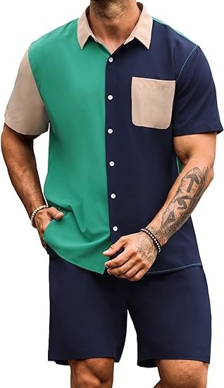 LecGee Men Summer Casual Short Sets Contrast Short Sleeve Button Down Shirt and Shorts Set 2 Piece Outfits Tracksuit