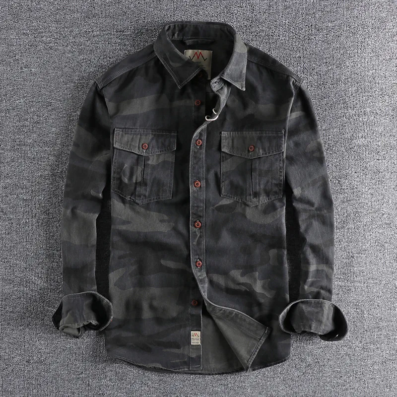 Camouflage Washed designer Shirt Long Sleeve Pure Cotton Shirts for Men Double Pockets Casual Fashion Military Youth Blouse