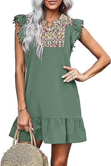 KIRUNDO Women's 2024 Summer Mini Dress Casual V Neck Floral Embroidered Ruffle Sleeveless Shift Dress Flowy Boho Dress