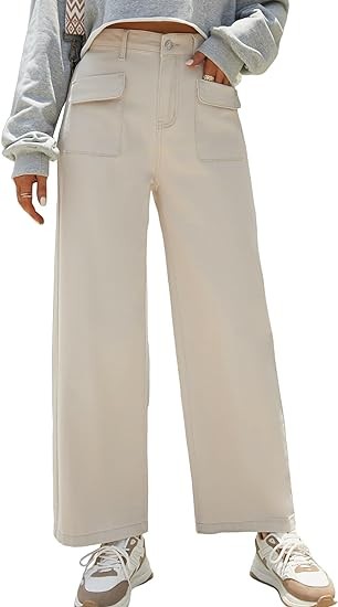 Dokotoo Womens Cargo Pants Women Baggy Wide Leg High Waist Casual Pants Jean Stretch Pants