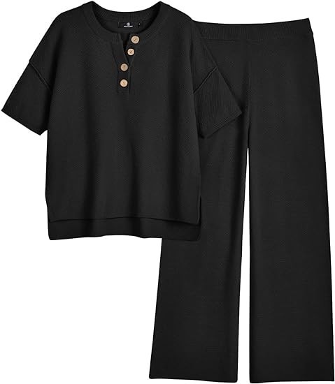 LILLUSORY Lounge Sets for Women 2 Piece Casual Outfits Matching Sets Short Sleeve Cozy knit Tops and Elastic Waisted Pants