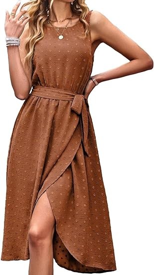 Summer Dresses for Women 2024 Belted Sleeveless Split Midi Dress Casual Crew Neck Boho Sundress with Pockets