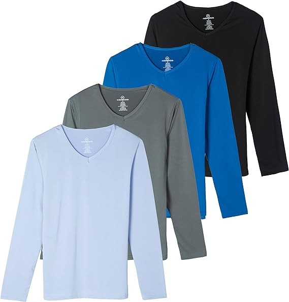 Real Essentials 4-Pack: Women's Dry-Fit Long-Sleeve V-Neck Athletic Workout Shirt (Available in Plus Size)
