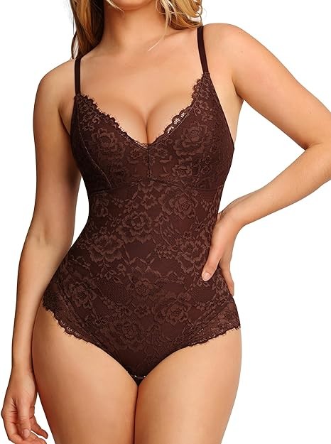 Popilush The Shapewear Bodysuit V Neck Tummy Control Backless Lace Tank Tops Sleeveless Thong Bodysuit