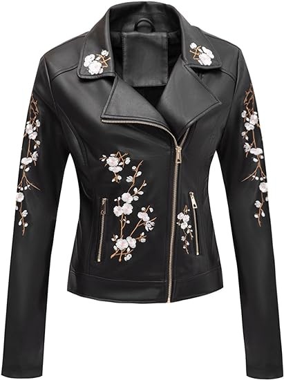 Bellivera Faux Leather Jacket for Women Studded Rivet Floral Moto Biker Short Lapel Coat