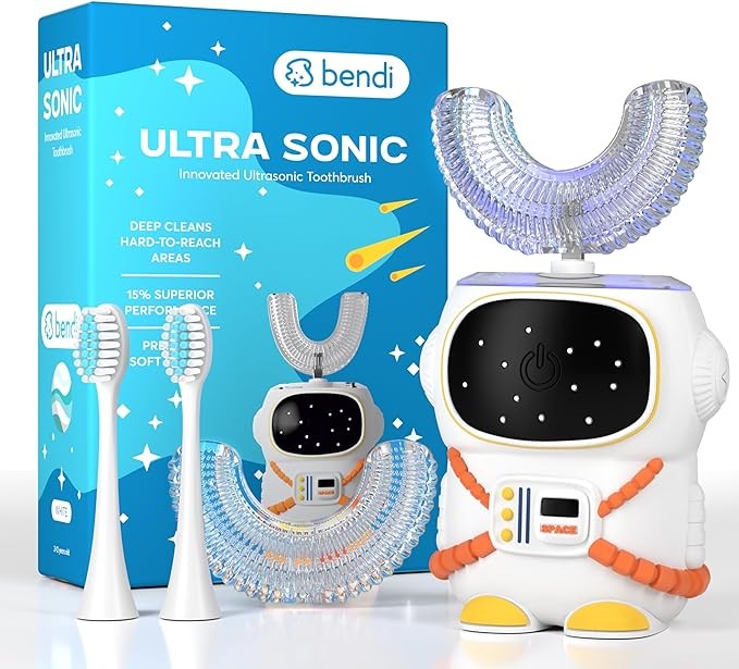Bendi Sensory 360 Round U-Shaped Astronaut Design Mouthguard Electric Toothbrush for Kids Ages 2-7 - Automatic Memory Function - 5 Modes Toothbrush with Multiple Heads – Kids Travel Essentials