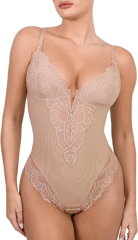 Popilush The Shapewear Bodysuit Tummy Control Lace Corset Tops V Neck Sleeveless Backless Body Suit Thongs