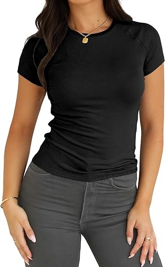 Abardsion 2024 Women Casual Activewear T Shirts Basic Crewneck Raglan Short Sleeve Slim Tight Fit Going Out Tops
