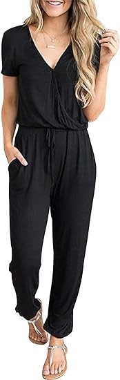 PRETTYGARDEN Womens Deep V Neck Wrap Drawstring Waist Jumpsuit