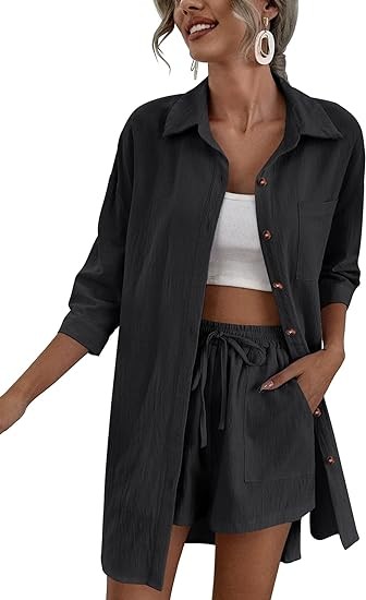 Zeagoo Women’s 2 Piece Lounge Tracksuit Outfit Sets Cotton Linen High Low Shirt and Drawstring Casual Shorts Set