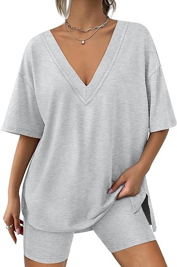 AUTOMET Womens 2 Piece Sets Summer Outfits Reversible Oversized T Shirts Tops Biker Shorts Lounge Workout Tracksuits