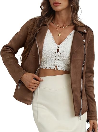 Bellivera Faux Suede Leather Jackets for Women, Spring and Winter Fashion Moto Biker Short Coat