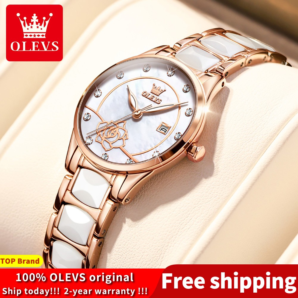 OLEVS Luxury Quartz Watch Women Japan Movement 28MM Dial Elegant Ceramics Wateproof Women Wristwatches Gift for Valentine's Day