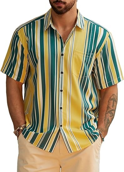 Hardaddy Men's Striped Shirts Casual Short Sleeve Button Down Summer Hawaiian Shirts