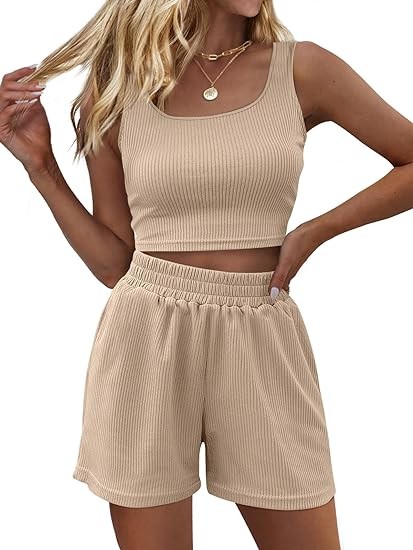 Trendy Queen Two Piece Summer Outfits Women Shorts Sets 2 Piece Sleeveless Matching Lounge Crop Top and High Waisted Shorts