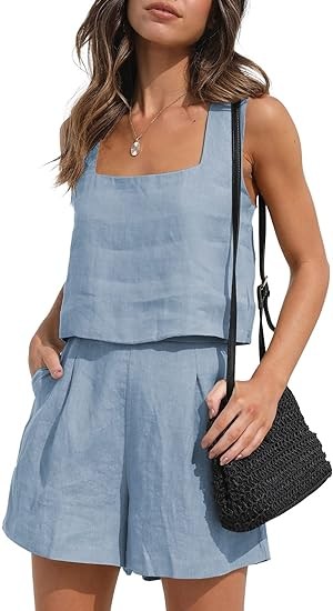 AUTOMET Womens Summer 2 Piece Outfits Vacation Casual Trendy Shorts Matching Sets Sleeveless Casual Linen Outfits 2024