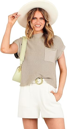 Caracilia Womens 2 Piece Outfits Summer Sweater Shorts Set Cap Sleeve Knit Pullover Tops and Short Fashion Lounge Clothes Set