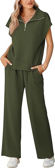 Pink Queen Womens Two Piece Outfits Sleeveless Pullover Tops and Wide Leg Pants Half Zip Jogger Lounge Sets