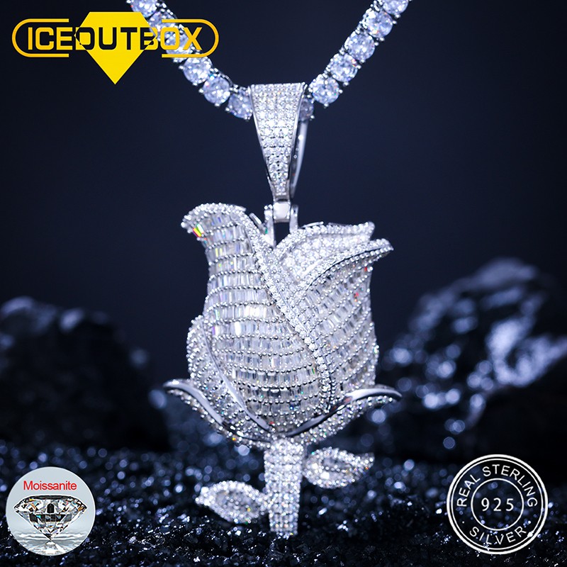Moissanite Rose Flower Pendant For Women 925 Sterling Silver Charm Iced Out Fashion Hip Hop Necklace Chain Rock Jewelry Gifts