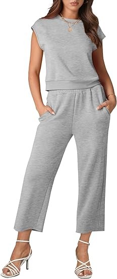 WIHOLL Two Piece Outfits for Women Summer Lounge Sets Cap Sleeve Top Wide Leg Pants Set Casual