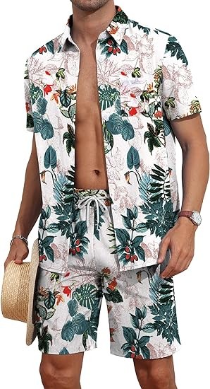 YTD Mens Flower Hawaiian 2 Piece Outfit Sets Short Sleeve Beach Casual Button Down Shirt and Shorts Suits