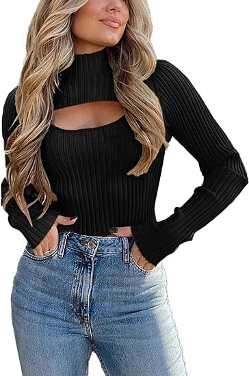 PRETTYGARDEN Women's 2024 Fashion Fall Clothes 2 Piece Cutout Tops Long Sleeve Mock Neck Rib Knit Winter Pullover Sweater