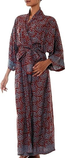 NOVICA Artisan Handmade Rayon Batik Robe Women's Grey Burgundy Stamped Belted Clothing Patterned Indonesia Floral 'Morning Aster'
