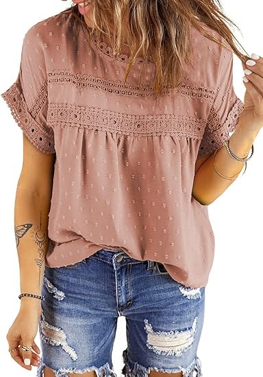 Dokotoo Womens Summer Tops Crewneck Lace Crochet Short Sleeve Shirts Casual Chiffon Blouses