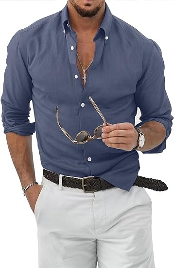 JMIERR Men's Cotton Linen Button Down Shirt Casual Stylish Long Sleeve Business Dress Shirts