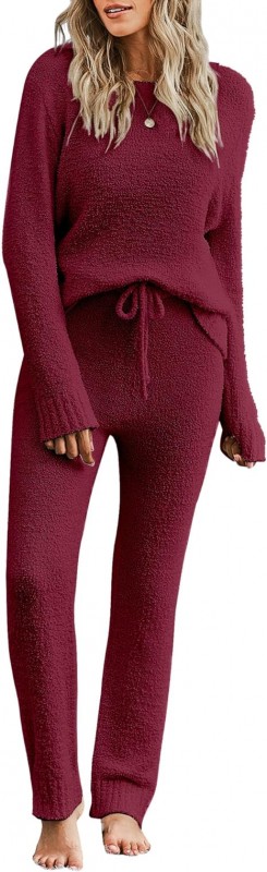 luvamia Women's Casual Pajama Set Fuzzy Fleece Knitted Long Sleeve Pj Loungewear