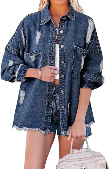 EVALESS Jean Jacket for Women Distressed Frayed Denim Jacket Ladies Ripped Stretchy Jacket With Pockets