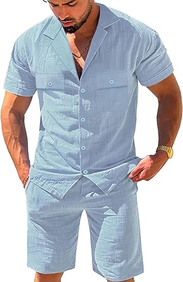 Mens Linen Outfits Track Suits 2 Piece Set Casual Hawaiian Beach Button Up Shirt and Shorts Suit