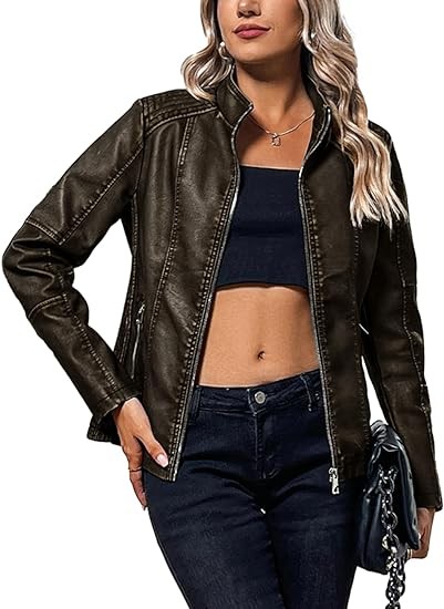 Bellivera Faux Leather Jacket Women Motorcycle Zipper Bomber PU Bike Coat with Pockets