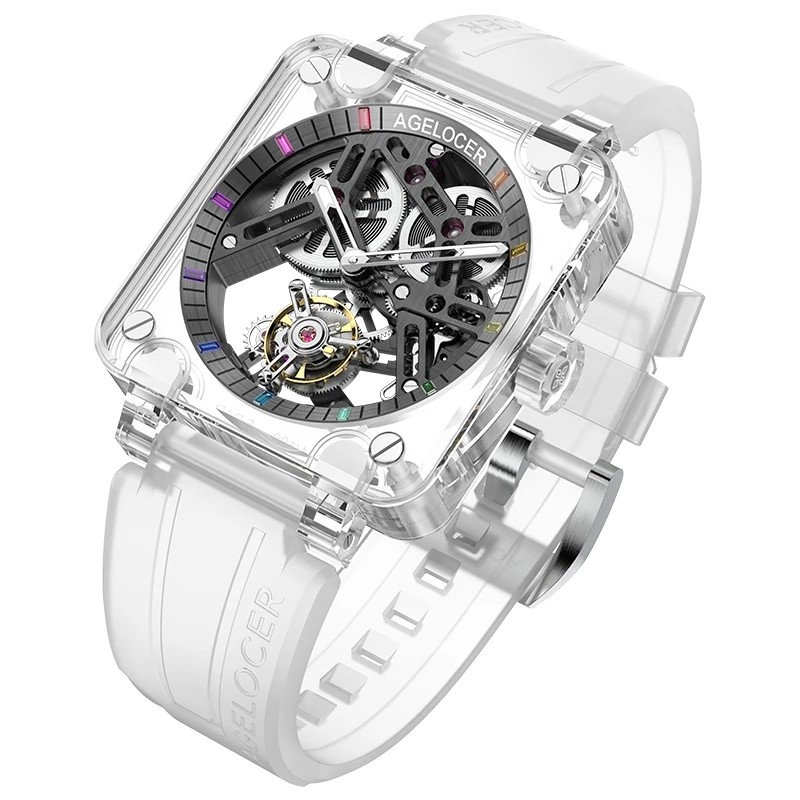AGELOCER Original Tourbillon Skeleton Movement Watch For Men Sapphire Gems Mechanical Transparent Mens Watches Power Reserve 80H