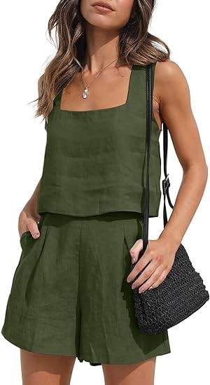 AUTOMET Womens Summer 2 Piece Outfits Vacation Casual Trendy Shorts Matching Sets Sleeveless Casual Linen Outfits 2024