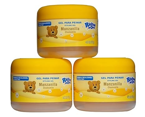 Ricitos de Oro Chamomile Hair Gel, Alcohol-Free, Hairstyling Product for Daily Use, Gentle Gel with Chamomile Extract for Children, Non-Greasy, 3-Pack of 4.05 Oz, 3 Jars