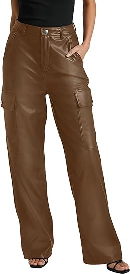 NIMIN Women's Faux Leather Cargo Pants High Waisted Straight Wide Leg Y2K Pants with 4 Pockets