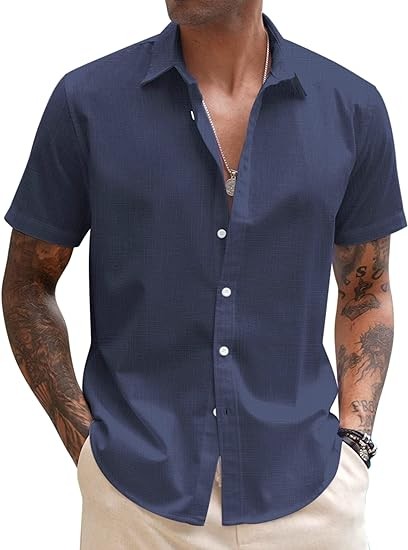 COOFANDY Men's Linen Casual Short Sleeve Shirts Button Down Summer Beach Shirt