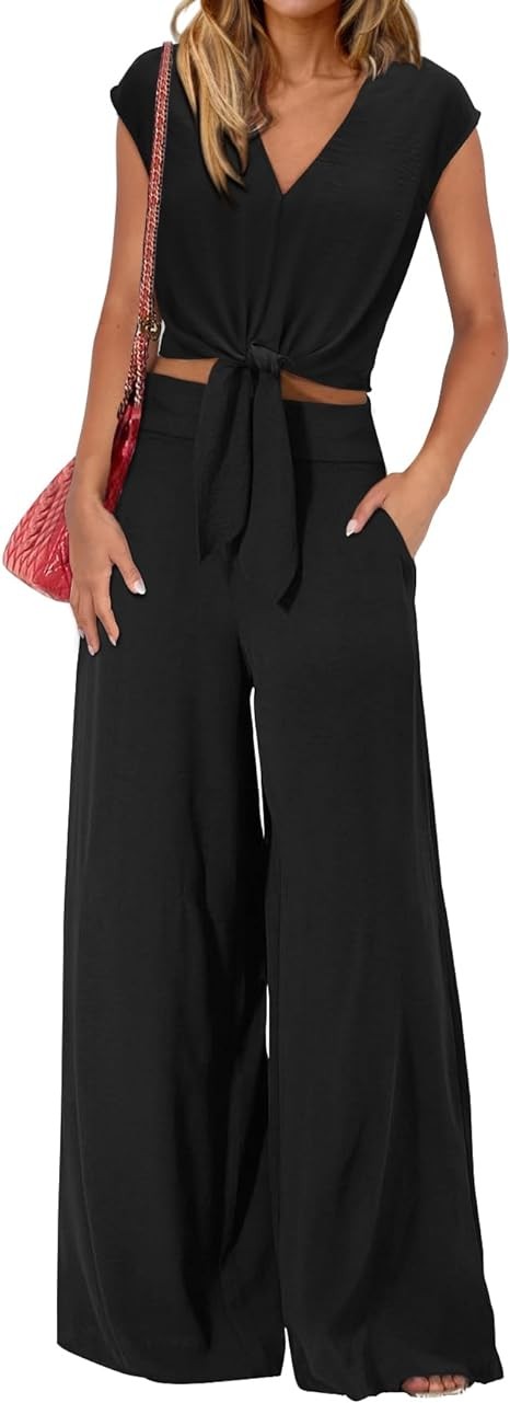 PRETTYGARDEN Women's Summer 2 Piece Outfits 2024 Cap Sleeve V Neck Belted Crop Tops Wide Leg Pant Sets Casual Tracksuit