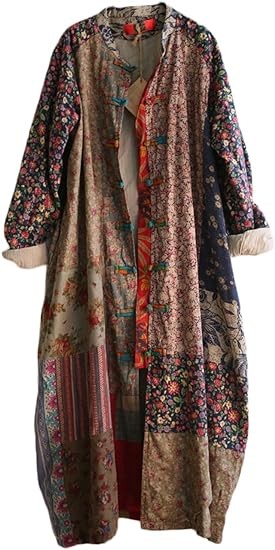 Women's Trench Coat Long Cotton Linen Floral Print Jacket Cottagecore Clothing Patchwork Outwear Each Piece Unique